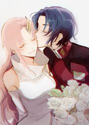  1boy athrun_zala blue_hair closed_eyes detached_sleeves female flower gundam gundam_seed hair_ornament hairclip kissing kissing_cheek lacus_clyne long_hair military military_uniform pink_hair rata_to rose short_hair straight uniform very_long_hair white_flower white_rose 