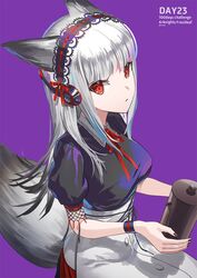  alternate_costume animal_ears apron arknights black_nails black_shirt breasts character_name coffee_pot collared_shirt female fox_ears fox_girl fox_tail from_side frostleaf_(arknights) grey_hair hair_ribbon headdress headphones highres holding holding_coffee_pot holding_kettle kettle long_hair looking_at_viewer makkuro neck_ribbon official_alternate_costume puffy_short_sleeves puffy_sleeves purple_background red_ribbon ribbon shadow shirt short_sleeves sidelocks simple_background sitting solo tail waist_apron wristband 