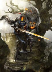  1boy animal armor artorias_the_abysswalker blue_cape breath_weapon breathing_fire cape cloud cloudy_sky commentary_request dark_souls_(series) dark_souls_i day debris embers faceless fangs fire fire_body flaming_eyes flaming_sword flaming_weapon full_armor great_grey_wolf_sif grey_wolf highres kekai_kotaki knight light_rays looking_at_viewer oversized_animal ruins severed_arm severed_limb shield sky stairs standing sunlight torn_cape torn_clothes tree unfinished wolf 