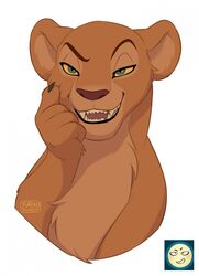  2020 disney felid female feral fur green_eyes hi_res lion mammal nala_(the_lion_king) pantherine sharp_teeth signature simple_background smile smirk solo teeth the_lion_king yurikoschneide 