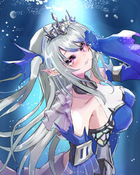  bare_shoulders blue_dress blue_sleeves breasts detached_sleeves dress duel_monster female fins fish_girl from_side hand_on_own_face head_fins highres long_hair long_sleeves medium_breasts noppe pink_eyes pointy_ears sleeves_past_wrists solo tearlaments_scheiren tears tiara two_side_up white_hair yu-gi-oh! 