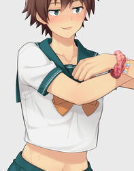  1boy blush bracelet brown_hair collarbone commentary_request cowboy_shot crop_top crossdressing daitabashi_kinu green_eyes green_sailor_collar green_skirt grey_background jewelry kono_subarashii_sekai_ni_shukufuku_wo! male_focus male_underwear midriff navel open_mouth pink_scrunchie sailor_collar satou_kazuma school_uniform scrunchie short_hair short_sleeves simple_background skirt smile solo underwear wrist_scrunchie 