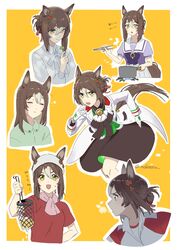  alternate_hairstyle animal_ears breath brown_hair brown_skirt chopsticks closed_eyes closed_mouth clover clover_hair_ornament cooking_pot female fine_motion_(umamusume) four-leaf_clover gloves green_skirt hair_bun hair_ornament highres horse_ears horse_girl horse_tail jacket kotatsu_(_nekotatsu_) long_hair long_sleeves looking_at_viewer medium_hair multicolored_hair multiple_views noodle_strainer open_mouth red_shirt running sailor_collar school_uniform shirt single_hair_bun skirt smile squeans strainer sweat sweatband tail tracen_school_uniform track_jacket twitter_username two-tone_hair umamusume white_gloves white_jacket white_shirt yellow_eyes 