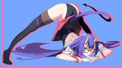  :d black_leotard blue_background blue_hair boots commentary_request commission cross-laced_footwear demon_girl demon_horns demon_tail female glasses gloves hands_on_ground henken high_heel_boots high_heels highres horns indie_virtual_youtuber jack-o&#039;_challenge leotard leotard_under_clothes long_hair looking_at_viewer onigiri_(vtuber) onigiri_(vtuber)_(1st_costume) pink_background skeb_commission skirt smile solo tail thigh_boots thighhighs top-down_bottom-up two-tone_background very_long_hair virtual_youtuber yellow_eyes 