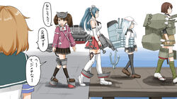  5girls anchor arm_warmers blue_hair breasts brown_eyes brown_hair commentary_request flat_cap hat hibiki_(kancolle) hyuuga_(kancolle) isuzu_(kancolle) isuzu_kai_ni_(kancolle) japanese_clothes kantai_collection kariginu large_breasts long_hair magatama mimofu_(fullhighkick) miniskirt multiple_girls oboro_(kancolle) open_mouth orange_hair pleated_skirt rigging ryuujou_(kancolle) ryuujou_kai_ni_(kancolle) school_uniform serafuku skirt smile thighhighs translation_request turret twintails verniy_(kancolle) visor_cap white_hair zettai_ryouiki 