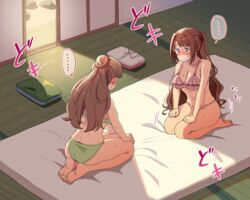  ... 2girls barefoot blush bra braid braided_bun breasts brown_hair cleavage embarrassed facing_another folded_clothes futon green_bra green_panties hair_bun half_updo highres idolmaster idolmaster_cinderella_girls idolmaster_cinderella_girls_starlight_stage indoors kamiya_nao long_hair looking_at_another multiple_girls on_bed panties pink_bra pink_panties seiza shimamura_uzuki shouji sitting sliding_doors soles sunlight sweat tatami toes underwear underwear_only unworn_clothes xion_(pulilulu) yuri 