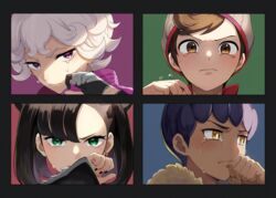  3boys asymmetrical_bangs bad_id bad_pixiv_id beanie bede_(pokemon) black_hair black_nails brown_eyes brown_hair commentary_request crying crying_with_eyes_open curly_hair dark-skinned_male dark_skin female frown fur-trimmed_jacket fur_trim green_eyes hand_up hat highres hop_(pokemon) jacket looking_at_viewer marnie_(pokemon) multiple_boys nail_polish pokemon pokemon_swsh popped_collar purple_eyes red_shirt shirt tearing_up tears victor_(pokemon) yellow_eyes yukin_(es) 