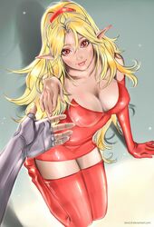  1boy absurdres blonde_hair breasts claude_c._kenny cleavage closed_mouth commentary commission commissioner_upload dress female highres long_hair looking_at_viewer monster monster_girl pointy_ears red_dress shynesslady smile star_ocean star_ocean_the_second_story tatti_art 