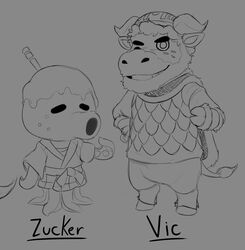  2020 animal_crossing anthro armor bovid bovine cattle closed_eyes clothing dinonugget_bird duo headgear helmet hi_res male mammal monochrome nintendo one_eye_closed robe simple_background text vic_(animal_crossing) wink zucker_(animal_crossing) 