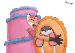  absurd_res annoyed anthro asphk bandage cake cake_costume canid canine clothing costume dessert duo female food food_costume fox hi_res hug lagomorph leporid mammal pastry pie pie_costume rabbit signature simple_background white_background 