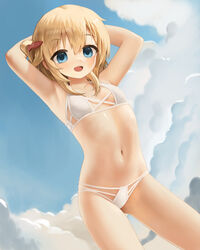  armpits arms_behind_head bikini blonde_hair blue_eyes blue_sky breasts cloud crumbles day female hair_ornament highres looking_at_viewer open_mouth original short_hair sky small_breasts solo standing swimsuit thighs variant_set white_bikini 