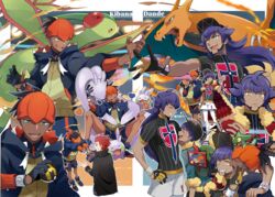  4boys bad_id bad_pixiv_id baseball_cap black_hair brothers cape champion_uniform character_name charizard commentary_request dark-skinned_male dark_skin dreepy dynamax_band facial_hair flame-tipped_tail flygon fur-trimmed_jacket fur_trim gloves goodra goomy hat heart highres holding holding_poke_ball hop_(pokemon) jacket lance_(pokemon) leon_(pokemon) long_hair looking_at_viewer multiple_boys on_head open_mouth orange_headwear poke_ball pokemon pokemon_(creature) pokemon_on_head pokemon_swsh purple_hair raihan_(pokemon) red_hair rotom rotom_phone shirt shorts siblings single_glove smile spiked_hair ultra_ball yellow_eyes yukin_(es) 