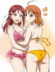  2girls ahoge arrow_(symbol) ass bikini blush bow braid breasts cleavage collarbone commentary_request cowboy_shot flying_sweatdrops frilled_bikini frills hair_ornament hairbow hairclip halterneck hands_on_another&#039;s_waist long_hair looking_at_viewer love_live! love_live!_sunshine!! medium_breasts medium_hair multiple_girls navel notice_lines orange_bikini orange_hair pink_bikini red_eyes red_hair sakurauchi_riko side_braid swimsuit takami_chika turkey_min yellow_bow yellow_eyes 