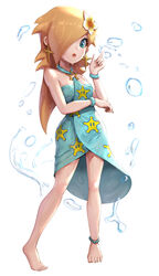  anklet bare_shoulders barefoot bracelet earrings female flower full_body gonzarez hair_flower hair_ornament hair_over_one_eye highres jewelry mario_(series) mario_kart mario_kart_tour official_alternate_costume open_mouth rosalina rosalina_(swimwear) solo standing swimsuit wet 