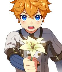  1boy aged_down blue_eyes blush chisuke_1104 commentary_request crossed_bangs flower genshin_impact hair_between_eyes holding holding_flower lolicon long_sleeves looking_at_viewer male_focus open_mouth orange_hair simple_background solo tartaglia_(genshin_impact) white_background white_flower 