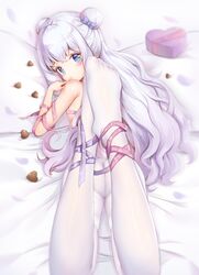  +_+ absurdres ankle_ribbon arm_ribbon ass azur_lane bare_shoulders bed bed_sheet blue_eyes bow box breasts candy chinese_commentary chocolate commentary_request double_bun feet female finger_to_mouth food gradient_hair hair_bun hairbow heart heart-shaped_box heart-shaped_chocolate highres kanon_(sinto) le_malin_(azur_lane) leg_ribbon long_hair looking_at_viewer lying multicolored_hair no_shoes on_bed on_stomach pantyhose pink_ribbon purple_bow purple_ribbon pursed_lips ribbon sidelocks small_breasts solo thighband_pantyhose white_hair white_pantyhose 