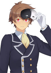  1boy ascot black_jacket brown_hair collared_shirt cosplay daitabashi_kinu eye_mask gloves grin hand_up highres holding holding_mask jacket kono_subarashii_sekai_ni_shukufuku_wo! looking_at_viewer male_focus mask red_eyes satou_kazuma shirt short_hair simple_background smile solo teeth unworn_mask vanir vanir_(cosplay) white_background white_gloves white_shirt 