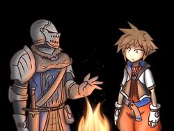  1boy 1other ambiguous_gender armor bad_id bad_twitter_id blue_eyes bonfire brown_hair chosen_undead crossover dark_souls_(series) dark_souls_i fingerless_gloves fire full_armor gauntlets gloves hayato_stuff helmet jewelry kingdom_hearts male_focus necklace pauldrons short_hair shoulder_armor sora_(kingdom_hearts) spiked_hair super_smash_bros. weapon 