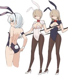  2girls adjusting_clothes aliceblue animal_ears armband ass back backless_leotard backless_outfit bad_id bad_pixiv_id bare_legs bare_shoulders black_leotard blue_eyes bow bowtie breasts brown_hair brown_legwear cleavage closed_mouth commentary_request covered_navel fake_animal_ears fake_tail from_behind gloves hair_over_one_eye headdress high_heels highres holding honkai_(series) honkai_impact_3rd korean_commentary leotard long_hair long_legs looking_at_viewer looking_back medium_breasts multiple_girls pantyhose parted_lips playboy_bunny profile rabbit_ears red_eyes rita_rossweisse short_hair standing tail theresa_apocalypse thighs white_footwear white_gloves white_hair white_leotard wing_collar wrist_cuffs 