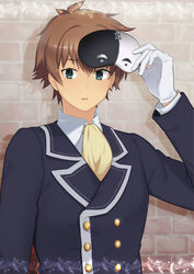  1boy ascot black_jacket brick_wall brown_hair collared_shirt commentary_request cosplay daitabashi_kinu eye_mask gloves green_eyes hand_up highres holding holding_mask jacket kono_subarashii_sekai_ni_shukufuku_wo! looking_at_viewer male_focus mask open_mouth satou_kazuma shirt short_hair solo unworn_mask vanir vanir_(cosplay) white_gloves white_shirt 