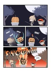  :o bow cabbie_hat chibi clover_print commentary english_commentary eunnieverse genshin_impact hair_ribbon hairbow hat holding holding_sword holding_weapon jack-o&#039;-lantern jean_(genshin_impact) jumpy_dumpty klee_(genshin_impact) light_brown_hair low_twintails o_o pointy_ears pumpkin ribbon sword twintails weapon 