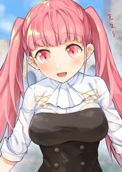  ascot belt blunt_bangs breasts commentary_request dress female fire_emblem fire_emblem:_three_houses fukuroumori garreg_mach_monastery_uniform highres hilda_valentine_goneril long_hair looking_at_viewer pink_eyes pink_hair simple_background smile solo thighhighs twintails uniform upper_body 