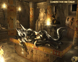  2008 3d_background 5:4 accessory ankh anthro anubian_jackal anubis ass athletic athletic_male barefoot black_body black_fur bored bracelet brazier bulge canid canine canis claws clothing column deity detailed_background digital_media_(artwork) egyptian egyptian_mythology feet fire fur furgonomics gold_(metal) gold_jewelry grey_eyes hair hieroglyphics inner_ear_fluff inside jackal jewelry looking_at_fire lying male mammal middle_eastern_mythology mummy_wrappings mythology sculpture selker selker_ari signature slim solo statue tail tail_accessory toe_claws tomb torch torch_light tuft underwear waiting white_hair wraps 