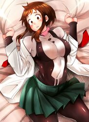  adahcm bed_sheet black_bodysuit blush bodysuit boku_no_hero_academia breasts brown_eyes brown_hair commentary_request covered_collarbone covered_navel female from_above green_skirt hands_up head_tilt highres large_breasts long_sleeves looking_at_viewer lying medium_skirt on_back open_clothes open_shirt parted_lips partial_commentary pleated_skirt sheet_grab shiny_clothes shirt short_hair sidelocks skirt solo superhero_costume uraraka_ochako white_bodysuit white_shirt 