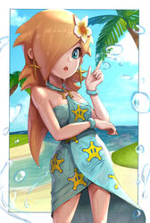  bare_shoulders beach blue_eyes blue_sky bracelet brown_hair cloud day earrings female flower gonzarez hair_flower hair_ornament hair_over_one_eye highres jewelry mario_(series) mario_kart mario_kart_tour ocean official_alternate_costume open_mouth outdoors palm_tree rosalina rosalina_(swimwear) sand sky solo standing swimsuit tree wet 