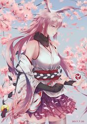  2017 absurdres animal_ears bare_shoulders blue_sky branch cherry_blossoms closed_mouth eurai female fox_ears fox_mask highres honkai_(series) honkai_impact_3rd japanese_clothes kimono looking_at_viewer mask miko outdoors pink_hair pink_skirt purple_eyes skirt sky solo thighhighs white_kimono white_thighhighs yae_sakura yae_sakura_(gyakushinn_miko) 