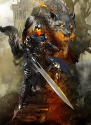  1boy animal armor artorias_the_abysswalker blue_cape breath_weapon breathing_fire cape cloud cloudy_sky commentary_request dark_souls_(series) dark_souls_i day debris embers faceless fangs fire fire_body flaming_eyes flaming_sword flaming_weapon full_armor great_grey_wolf_sif grey_wolf highres kekai_kotaki knight light_rays looking_at_viewer oversized_animal ruins severed_arm severed_limb shield sky stairs standing sunlight torn_cape torn_clothes tree unfinished wolf 