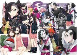  2boys 2girls asymmetrical_bangs bad_id bad_pixiv_id black_choker black_hair black_jacket brother_and_sister brown_hair cardigan character_name choker commentary_request dark-skinned_male dark_skin dress earrings galarian_zigzagoon gloria_(pokemon) grey_cardigan hair_over_one_eye hair_ribbon hat highres hug inkay jacket jewelry liepard long_hair long_sleeves marnie_(pokemon) morpeko morpeko_(full) multicolored_hair multiple_boys multiple_girls obstagoon open_mouth orange_headwear piers_(pokemon) pink_dress poke_ball_theme pokemon pokemon_(creature) pokemon_swsh raihan_(pokemon) red_ribbon ribbon scraggy siblings smile two-tone_hair white_hair yukin_(es) 