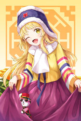  ;d bad_id bad_pixiv_id bang_dream! blonde_hair blue_hat bow chima_(clothes) female floral_background flower hat jeogori_(clothes) korean_clothes long_hair long_sleeves lunacle michelle_(bang_dream!) one_eye_closed open_mouth photoshop_(medium) purple_skirt red_bow red_hat rose_of_sharon scarf shako_cap shirt skirt skirt_hold smile solo tsurumaki_kokoro very_long_hair white_scarf yellow_eyes yellow_flower yellow_shirt 