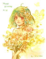  absurdres ahoge bare_shoulders bouquet braid female flower green_hair hair_flower hair_ornament happy_birthday highres kimidori_(kimidoriri) macross macross_frontier oosanshouuo-san open_mouth painting_(medium) ranka_lee red_eyes short_hair side_braid solo traditional_media watercolor_(medium) 