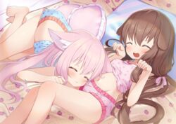  2girls :&lt; animal_ear_fluff animal_ears arashiya arms_up azur_lane barefoot bed blue_camisole blue_panties blush breasts brown_hair camisole camisole_lift cat_ears cat_girl closed_eyes clothes_lift commission commissioner_upload dog_ears dog_girl feet fumizuki_(azur_lane) head_on_another&#039;s_stomach indoors kisaragi_(azur_lane) laughing lifting_another&#039;s_clothes long_hair low_twintails lying multiple_girls navel no_tail nuzzle on_back on_side open_mouth panties paw_pose pillow pink_camisole pink_hair pink_panties pixiv_commission print_camisole print_panties ribbon small_breasts smile thighs toes twintails underwear underwear_only very_long_hair 