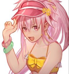  arche_klein bracelet earrings female flower hair_flower hair_ornament hat jewelry long_hair looking_at_viewer penguu_(green528) pink_eyes pink_hair ponytail simple_background smile solo star_(symbol) star_earrings swimsuit tales_of_(series) tales_of_phantasia white_background 