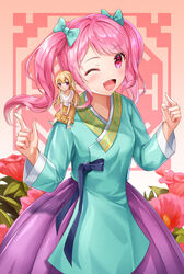  2girls ;d bad_id bad_pixiv_id bang_dream! blonde_hair bow brown_skirt chibi chima_(clothes) chogori floral_background flower green_bow hairbow jeogori_(clothes) korean_clothes long_sleeves lunacle maruyama_aya mini_person minigirl multiple_girls one_eye_closed open_mouth photoshop_(medium) pink_flower pink_hair pleated_skirt puffy_short_sleeves puffy_sleeves purple_eyes purple_hair purple_skirt red_flower rose_of_sharon shirasagi_chisato shirt shoe_soles shoes short_sleeves skirt smile twintails white_footwear white_shirt 