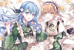  2girls :d ama_usa_an_uniform antenna_hair apron bang_dream! black_bow black_neckwear black_ribbon blue_hair bow bowtie clenched_hands commentary_request crossed_bangs earrings fleur_de_lapin_uniform floral_background flower frilled_apron frilled_hairband frilled_sleeves frills gochuumon_wa_usagi_desu_ka? green_bow green_kimono green_neckwear hair_flower hair_ornament hair_ribbon hairband hands_up japanese_clothes jewelry kimono kitazawa_hagumi long_hair long_sleeves looking_at_viewer matsubara_kanon michelle_(bang_dream!) multiple_girls neck_ribbon nennen on_shoulder open_mouth orange_hair pom_pom_(clothes) purple_eyes rabbit_house_uniform red_eyes ribbon short_hair smile upper_body white_apron white_flower 