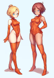  2girls absurdres aomoro arms_at_sides bad_id bad_pixiv_id bare_shoulders blonde_hair blue_eyes boots breasts brown_hair closed_mouth commentary covered_collarbone covered_navel crossed_legs dark_skin elbow_gloves full_body gloves groin hair_bun hands_on_own_hips highleg highleg_leotard highres impossible_clothes impossible_leotard legs leotard looking_at_viewer medium_breasts megami_device multiple_girls orange_footwear orange_gloves orange_leotard parted_bangs shadow short_hair sidelocks simple_background single_hair_bun small_breasts smile sol_hornet sol_road_runner standing thigh_boots thighhighs tsurime watson_cross white_background 