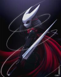  black_background black_bodysuit black_hair bodysuit cape carapace covered_face cowboy_shot female highres holding holding_weapon hollow_knight hornet_(hollow_knight) humanization joints loen long_hair low-tied_long_hair mask needle_(hollow_knight) red_cape reverse_grip silk solo standing twitter_username weapon 