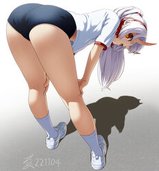  ass bent_over black_buruma blue_buruma breast_pocket breasts buruma dai_tokyo_oniyome-den dated female from_above from_behind gym_uniform hair_between_eyes hair_ribbon hands_on_own_knees harayukisodati highres horns kneepits leaning_forward long_hair looking_at_viewer looking_back loose_clothes loose_shirt manaka_douji oni orange_eyes pocket ponytail red_ribbon ribbon shirt shirt_overhang shoes sidelocks signature skin-covered_horns sneakers socks solo standing stretching t-shirt underboob white_footwear white_shirt white_socks 