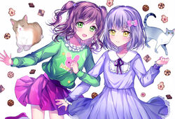  2girls :d aged_down alternate_hairstyle animal animal_print bang_dream! blue_dress blush bow brown_hair checkerboard_cookie clenched_hand clothes_writing commentary_request cookie dress feline food frilled_shirt_collar frills green_eyes green_shirt grey_hair grid_background hair_ornament hairbow hand_up highres imai_lisa locked_arms long_hair long_sleeves looking_at_viewer minato_yukina multiple_girls neck_ribbon nennen open_mouth photoshop_(medium) pink_bow pink_skirt pleated_dress print_shirt purple_ribbon rabbit_print ribbon shirt short_hair skirt smile star_(symbol) star_hair_ornament two_side_up white_background yellow_eyes 