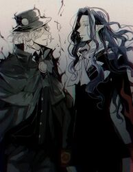  2boys ascot beard blue_hair blue_skin cloak colored_skin count_of_monte_cristo_(gankutsuou) earrings edmond_dantes_(fate) facial_hair fate/grand_order fate_(series) fedora floating_hair formal gankutsuou hair_over_one_eye half-closed_eyes hat jewelry long_hair looking_at_another male_focus multiple_boys name_connection pointy_ears rata_to short_hair suit wavy_hair white_hair 