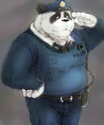  2022 5:6 absurd_res aggretsuko anthro bear black_body black_fur bottomwear clothing fur giant_panda hat headgear headwear hi_res humanoid_hands kemono laohu male mammal necktie overweight overweight_male pants police police_hat police_officer police_uniform sanrio shirt solo topwear uniform white_body white_fur 