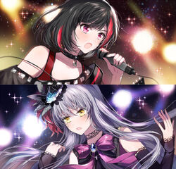  2girls :o bang_dream! black_flower black_hair blue_flower bob_cut brooch choker commentary_request detached_sleeves earrings flower grey_feathers grey_hair hat hat_feather hat_flower holding holding_microphone jewelry lace lace_choker lock microphone minato_yukina mitake_ran multicolored_hair multiple_girls neck_ribbon nennen padlock padlocked_collar purple_eyes purple_ribbon red_flower red_hair ribbon short_hair sparkle stage_lights streaked_hair studded v-shaped_eyebrows yellow_eyes 