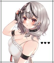  absurdres black_collar braid breasts camisole chitose_(chi_candy) cleavage collar ear_piercing female fingerless_gloves gloves grey_hair heart highres hololive large_breasts piercing red_eyes red_nails sakamata_chloe sakamata_chloe_(1st_costume) solo upper_body virtual_youtuber white_camisole 