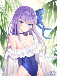  bare_shoulders blue_eyes blue_one-piece_swimsuit blue_ribbon blunt_bangs blush breasts choker cleavage closed_mouth collarbone covered_navel dopoing fate/grand_order fate_(series) female frills hair_between_eyes hair_ribbon highleg highleg_swimsuit highres long_hair long_sleeves looking_at_viewer meltryllis_(fate) meltryllis_(swimsuit_lancer)_(fate) meltryllis_(swimsuit_lancer)_(second_ascension)_(fate) one-piece_swimsuit puffy_sleeves purple_hair ribbon signature sleeves_past_fingers sleeves_past_wrists small_breasts solo standing swimsuit very_long_hair 