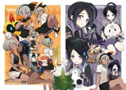  1boy 2girls ahoge allister_(pokemon) bad_id bad_pixiv_id barefoot bea_(pokemon) black_hair black_hairband blue_hair blush bodysuit bodysuit_under_clothes character_name clobbopus commentary_request dark-skinned_female dark_skin earrings falinks galarian_corsola grey_eyes grey_hair hair_between_eyes hairband highres holding holding_mask hoop_earrings jewelry long_hair looking_at_viewer mask mimikyu multicolored_hair multiple_girls nessa_(pokemon) open_mouth pokemon pokemon_(creature) pokemon_swsh purple_eyes shirt short_hair short_sleeves shorts sirfetch&#039;d sitting suspender_shorts suspenders two-tone_hair unworn_mask yukin_(es) yuri 