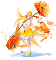  absurdres animal ankle_boots blunt_bangs boots brown_eyes brown_hair carnation dress female fish flower flying_animal flying_fish from_side fur_trim goldfish hat highres holding holding_flower lizchief long_sleeves looking_at_viewer orange_flower orange_theme original oversized_animal oversized_flower parted_lips pink_lips see-through see-through_sleeves short_dress solo standing wind_chime 