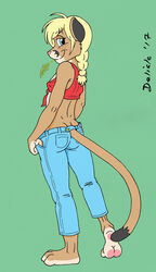  2017 3_toes anthro ass barefoot blonde_hair blue_eyes bottomwear breasts clothed clothing cougar delisle denim denim_bottomwear denim_clothing exposure_variation feet felid feline female fur furgonomics hair hay hay_in_mouth hi_res hindpaw humanoid_hands jeans looking_at_viewer looking_back looking_back_at_viewer mammal midriff pants pawpads paws pink_nose pink_pawpads shirt signature smile solo tail tail_clothing tan_body tan_fur tied_shirt toes topwear 